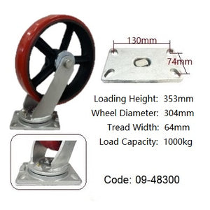 Ø300mm (12") Red Urethane on Cast Iron Wheel Castors | 1000KG capacity per castor