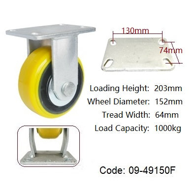 Ø150mm (6") Yellow Urethane on Cast Iron Wheel Castors |1000KG capacity per castor