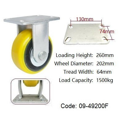 Ø200mm (8") Yellow Urethane on Cast Iron Wheel Castors |1500KG capacity per castor