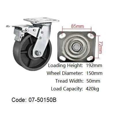 Ø150mm (6") Cast Iron Wheel Castors  | 420KG capacity per castor
