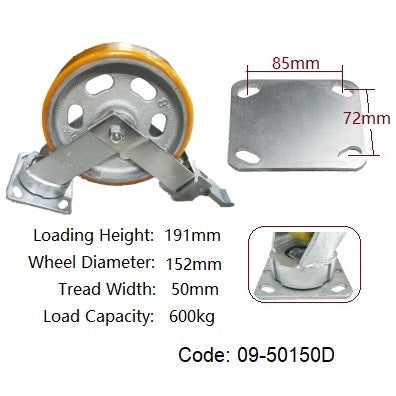 Ø150mm (6") Extra Heavy Duty Castors|Urethane on Cast Iron Wheel Castors | 600KG capacity per castor