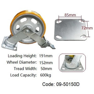 Ø150mm (6") Extra Heavy Duty Castors|Urethane on Cast Iron Wheel Castors | 600KG capacity per castor