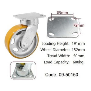 Ø150mm (6") Extra Heavy Duty Castors|Urethane on Cast Iron Wheel Castors | 600KG capacity per castor