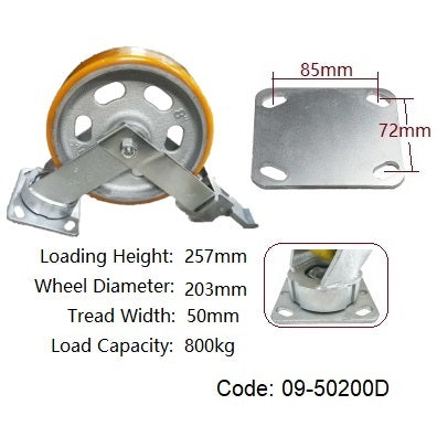 Ø200mm (8") Extra Heavy Duty Castors|Urethane on Cast Iron Wheel| 800KG loading capacity per castor