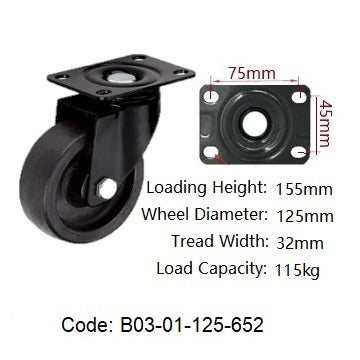 Ø125mm (5") High Temperature 260°C / Black Nylon Wheel Castors | 115KG capacity per castor