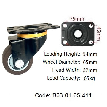 Ø65mm (2½") Thermoplastic Rubber (TPR) Wheel Castors | 65KG capacity per castor