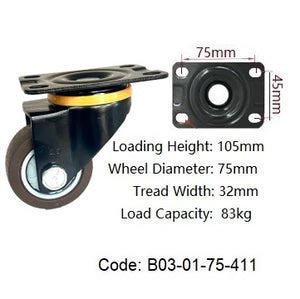 Ø75mm (3") Thermoplastic Rubber (TPR) Wheel Castors | 83KG capacity per castor