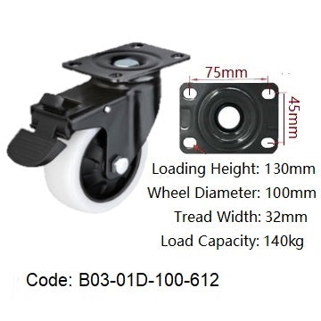 Ø100mm (4") Polyamide (Nylon) Wheel Castors | 140KG capacity per castor