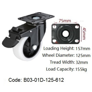 Ø125mm (5") Polyamide (Nylon) Wheel Castors | 155KG capacity per castor