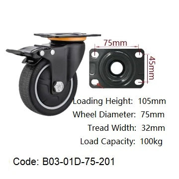 Ø75mm (3") Thermoplastic Polyurethane (TPU) Wheel Castors | 100KG capacity per castor