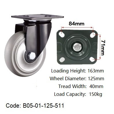 Ø125mm (5") Grey Thermoplastic Rubber (TPR) Wheel Castors | 150KG capacity per castor