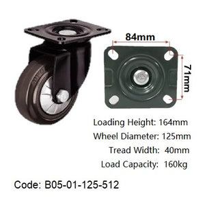Ø125mm (5") Brown High Elastic Rubber Wheel Castors | 160KG capacity per castor