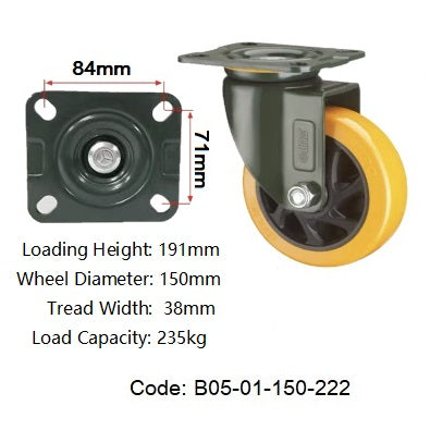 Ø150mm (6") Orange Polyurethane (PU) Wheel Castors | 235KG capacity per castor