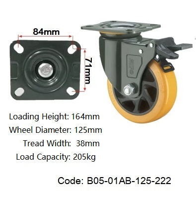 Ø125mm (5") Orange Polyurethane (PU) Wheel Castors | 205KG capacity per castor