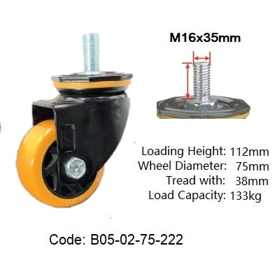Ø75mm (3") Orange Polyurethane (PU) Wheel Castors | 133KG capacity per castor