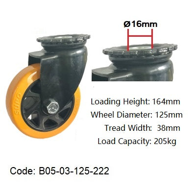 Ø125mm (5") Orange Polyurethane (PU) Wheel Castors | 205KG capacity per castor