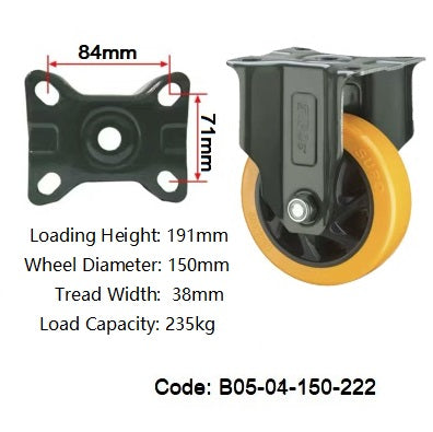 Ø150mm (6") Orange Polyurethane (PU) Wheel Castors | 235KG capacity per castor