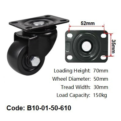 Ø50mm (2") Black Polyamide (Nylon) Wheel Castors |150KG capacity per castor