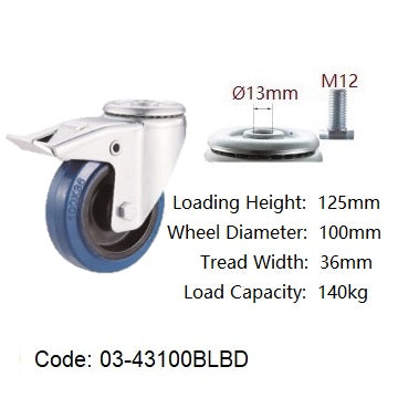 Ø100mm (4") Elastic Blue Rubber Wheel Castors > EUROPEAN STYLE | 140KG capacity per castor
