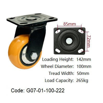 Ø100mm (4") Polyurethane (PU) Wheel Castors | 265KG capacity per castor