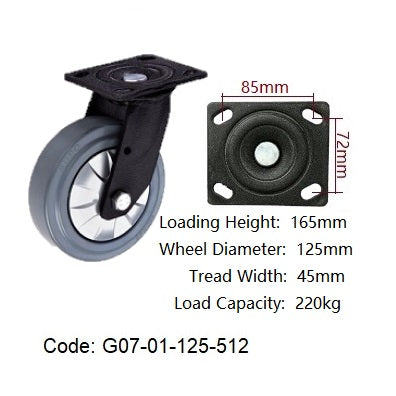 Ø125mm (5") High Elastic Rubber Wheel Castors | 220KG capacity per castor
