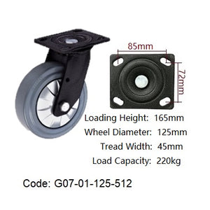 Ø125mm (5") High Elastic Rubber Wheel Castors | 220KG capacity per castor