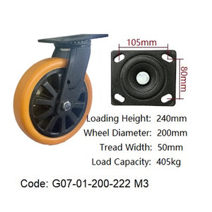 Ø200mm (8") Polyurethane (PU) Wheel Castors (M3 Top Plate) | 405KG capacity per castor