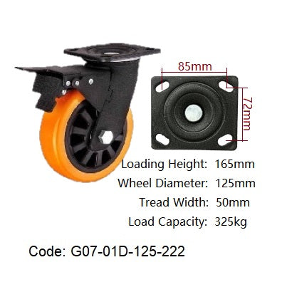 Ø125mm (5") Polyurethane (PU) Wheel Castors | 325KG capacity per castor