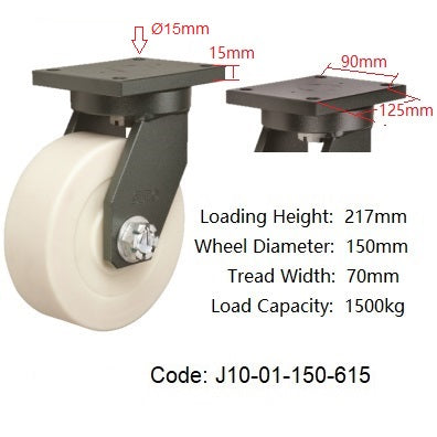 Ø150mm (6") White Nylon Wheel Castors | 2000KG capacity per castor