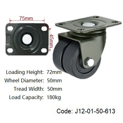 Ø50mm (2") Black Nylon Twin Wheels Castors | 180KG capacity per castor