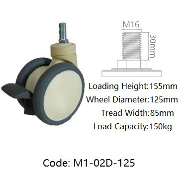 Ø125mm (5") Polyurethane (PU) TWIN WHEELS Medical Castors | 150KG capacity per castor