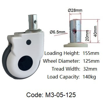 Ø125mm (5") Thermoplastic Rubber (TPR) Wheel Medical Castors | 140KG capacity per castor