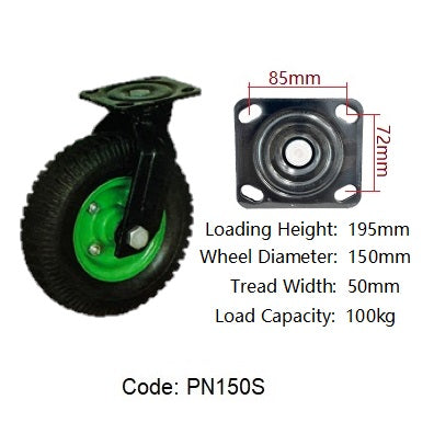 Ø150mm (6") Pneumatic Wheel Castor | 100KG Capacity > Green Rim
