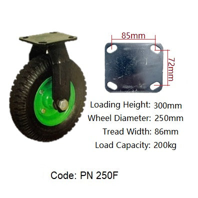 Ø250mm (10") Pneumatic Wheel Castor | 250KG Capacity > Green Rim
