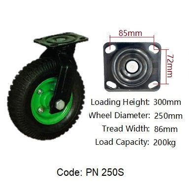 Ø250mm (10") Pneumatic Wheel Castor | 250KG Capacity > Green Rim