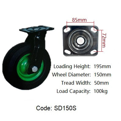 Ø150mm (6") Solid Rubber Wheel Castors | 100KG capacity per castor