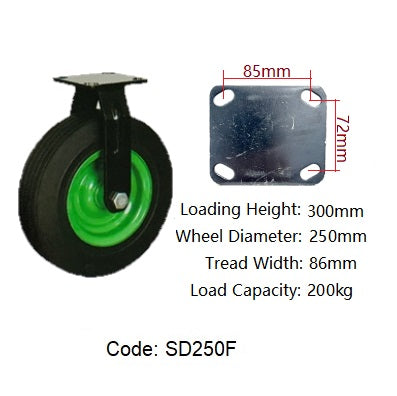 Ø250mm (10") Solid Rubber Wheel Castors | 200KG capacity per castor