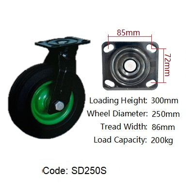 Ø250mm (10") Solid Rubber Wheel Castors | 200KG capacity per castor