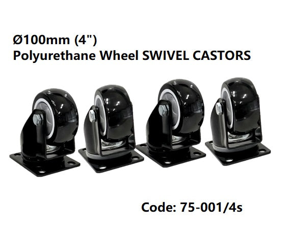 SET of 4: Ø75mm (3") Black Polyurethane (PU) Wheel CASTORS | 250kg TOTAL