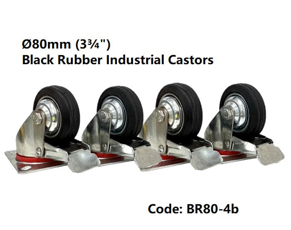 SET of 4:  Ø80mm (3¾") Black Rubber Industrial Castors | 250KG TOTAL