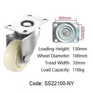Ø100mm (4") Nylon Wheel 304 Stainless Steel Castors > EUROPEAN STYLE | 80KG capacity per castor