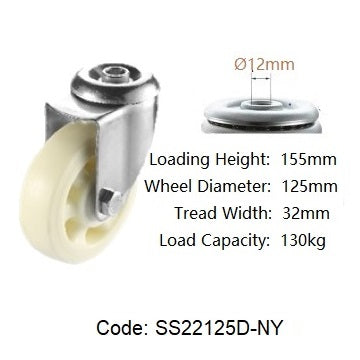 Ø125mm (5") Nylon Wheel 304 Stainless Steel Castors > EUROPEAN STYLE | 130KG capacity per castor