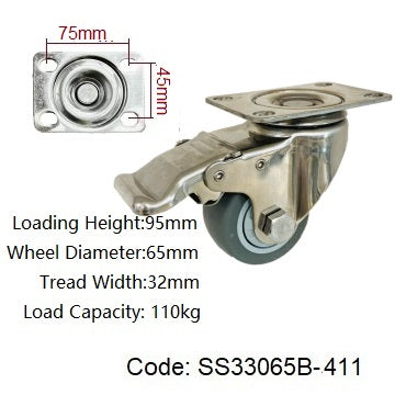 Ø65mm (2½") Nylon Wheel 304 Stainless Steel Castors | 110KG capacity per castor