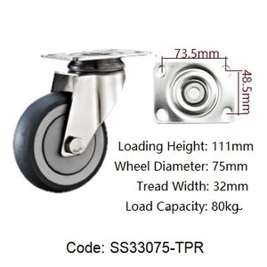 Ø75mm (3") Thermoplastic Rubber (TPR) Wheel 304 Stainless Steel Castors | 80KG capacity per castor