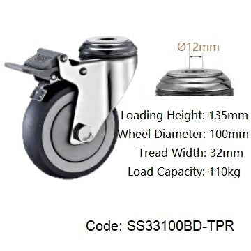 Ø100mm (4") Thermoplastic Rubber (TPR) Wheel 304 Stainless Steel Castors | 110KG capacity per castor