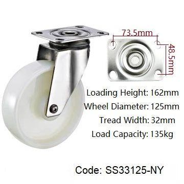 Ø125mm (5") Nylon Wheel 304 Stainless Steel Castors | 135KG capacity per castor