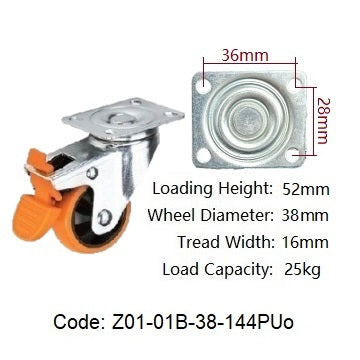 Ø38mm (1½") Black & Orange Polyurethane (PU) Wheel Castors | 25KG capacity per castor