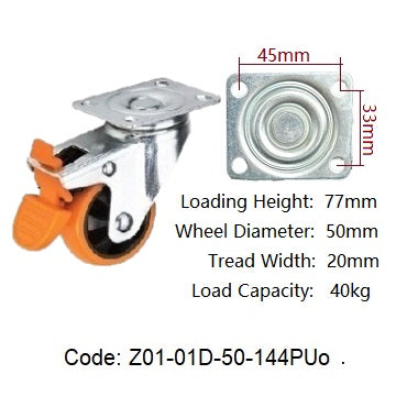 Ø50mm (2") Black &Orange Polyurethane (PU) Wheel Castors| 40KG capacity per castor