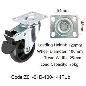 Ø100mm (4") Polyurethane (PU) Wheel Castors | 75KG capacity per castor