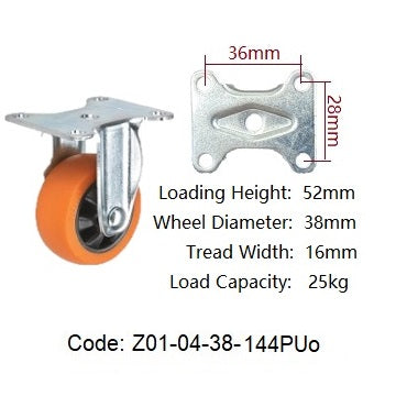 Ø38mm (1½") Black & Orange Polyurethane (PU) Wheel Castors | 25KG capacity per castor